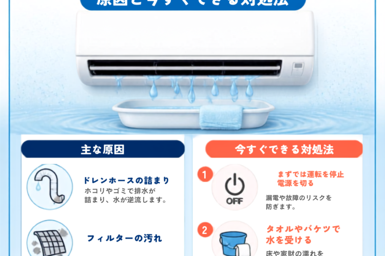 エアコンからポタポタ漏れ水…！その原因とすぐにできる対処法